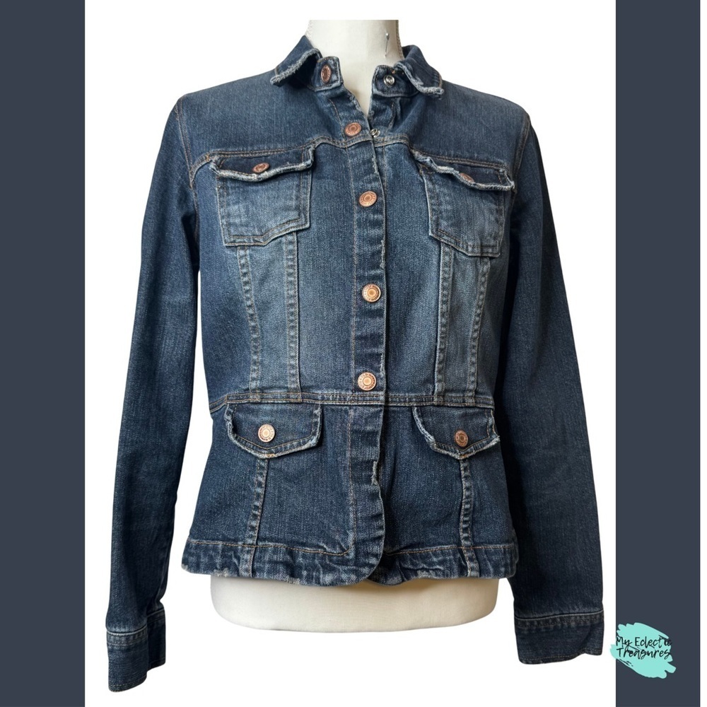 Old Navy Blue Jean Jacket Fitted Tailored Style with Distressing Sz Large